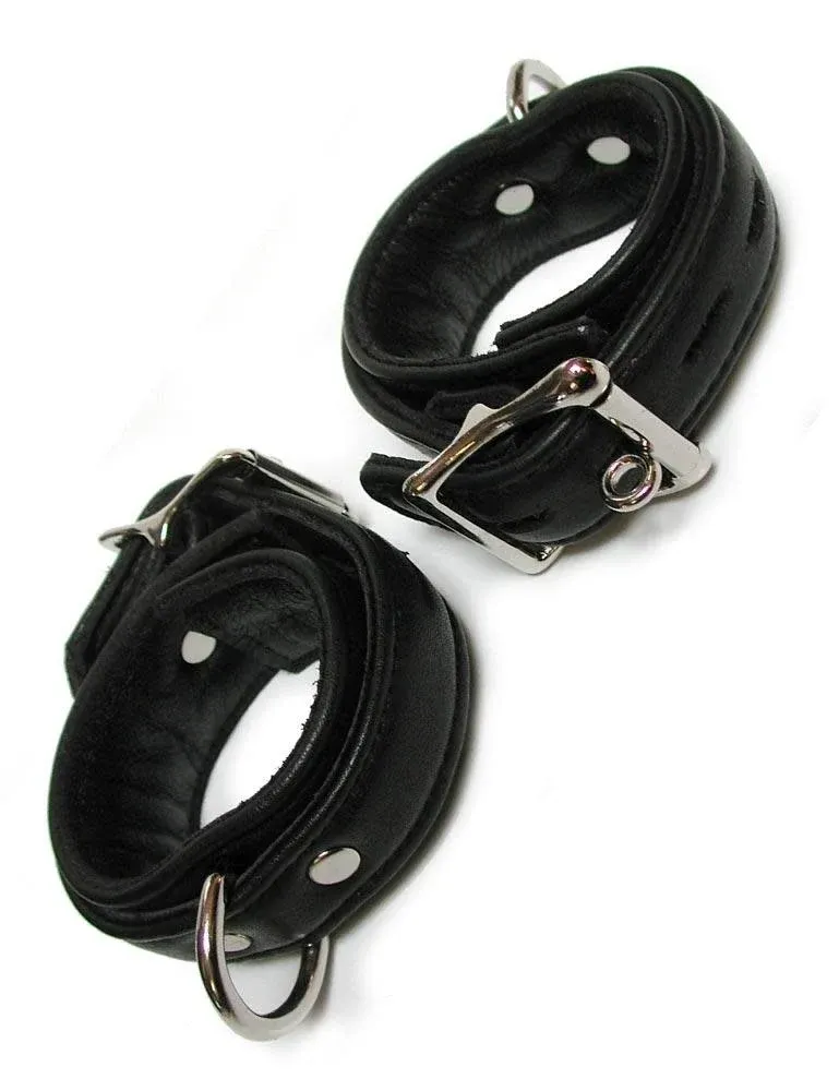 Black Bondage Locking Ankle Cuffs with Silver Hardware