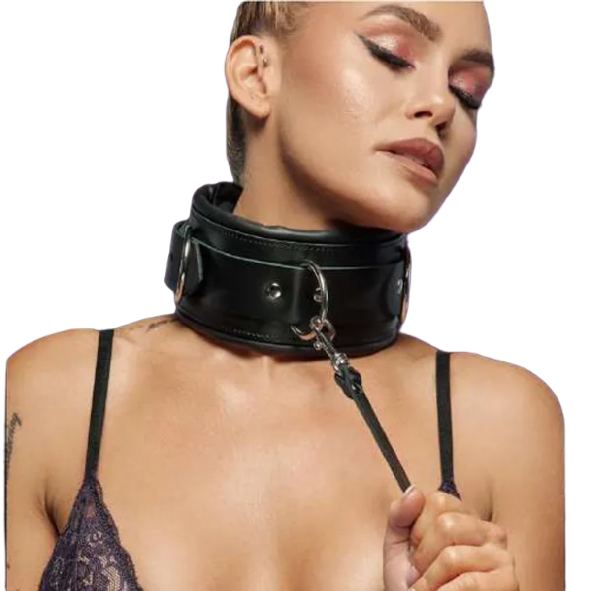 Leather Padded Bondage Collar with D Ring & Leash