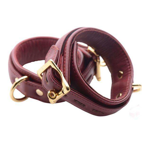 Burgundy Bondage Wrist Cuffs with Gold Hardware
