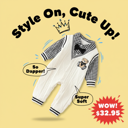 Baby Boy Bear Print Plaid Bow Tie Collar Romper