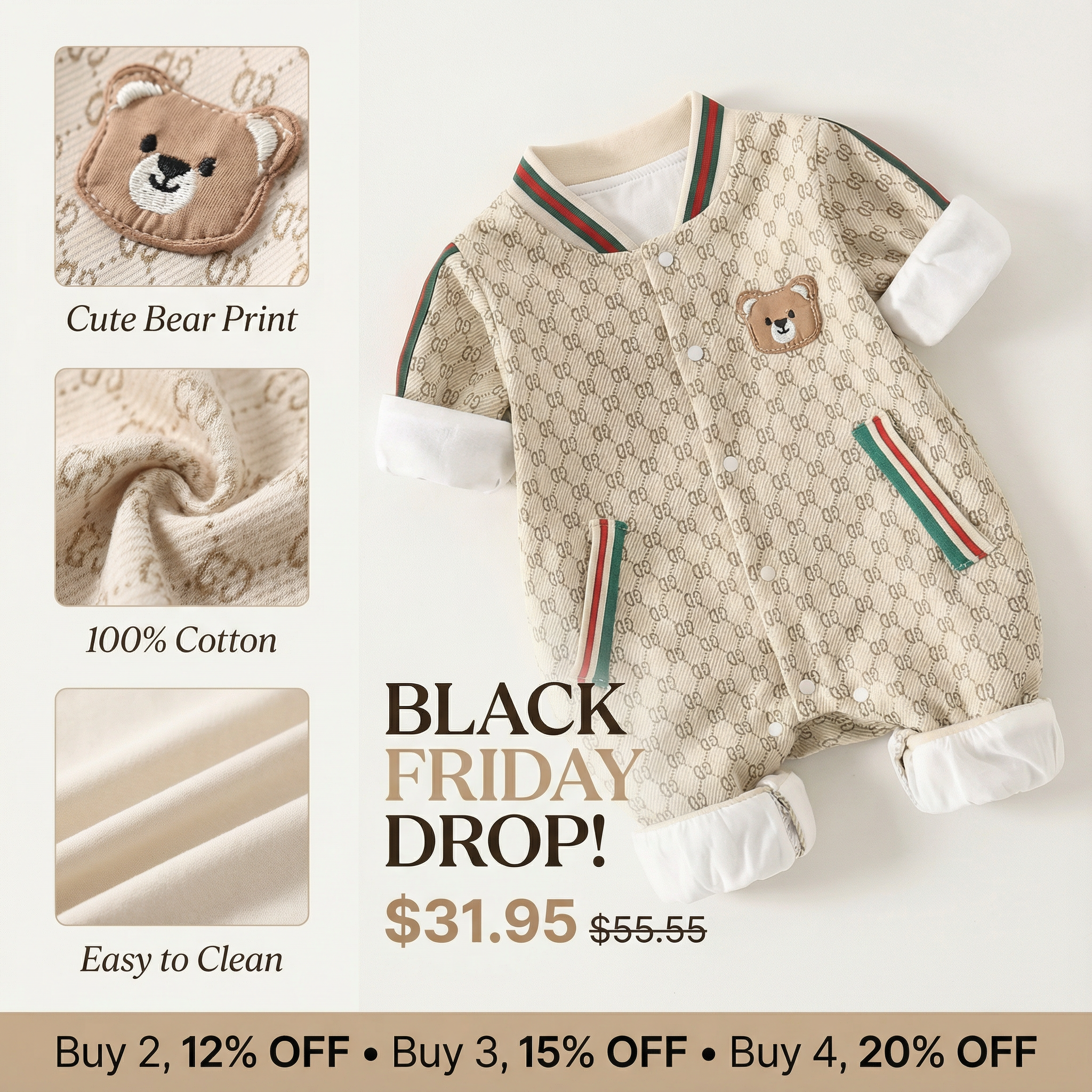 Baby Alphabet Bear Print Romper