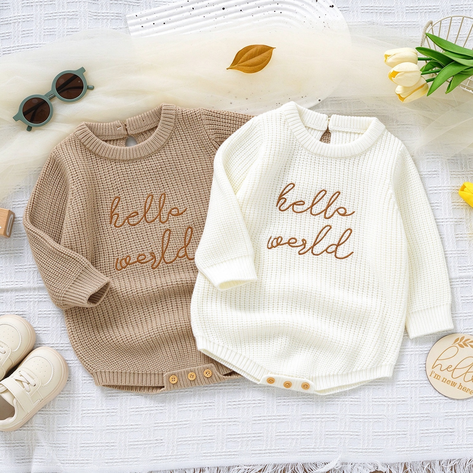 Letter Embroidered Long Sleeve Baby Romper