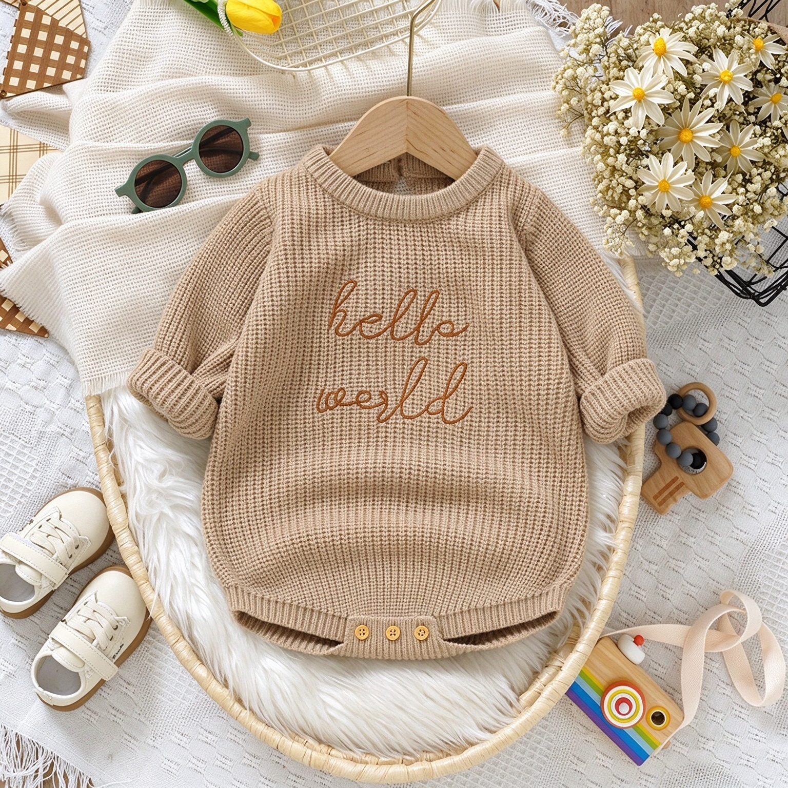 Letter Embroidered Long Sleeve Baby Romper