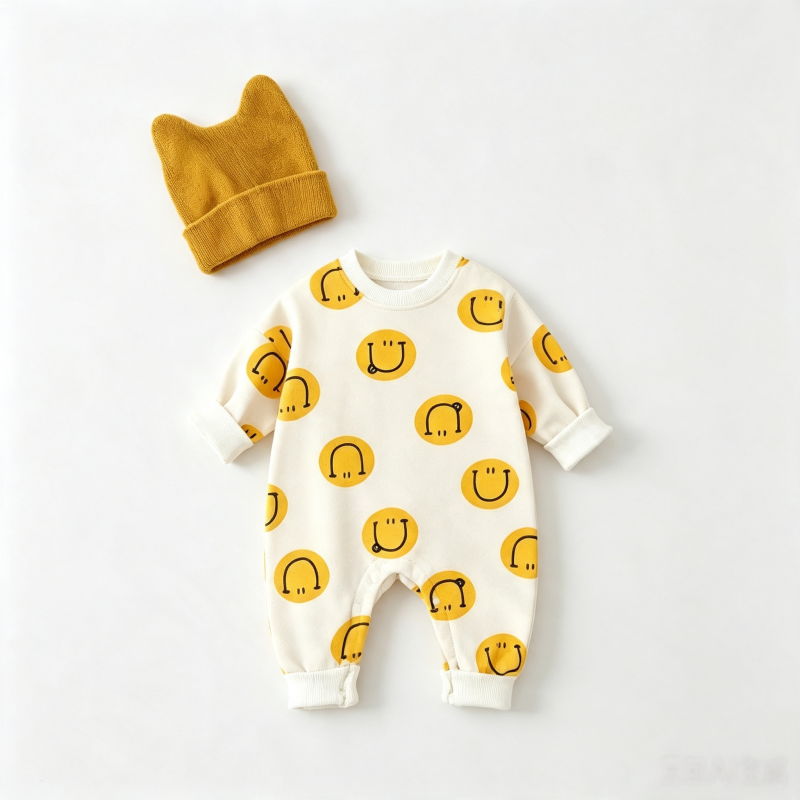 Baby Unisex Casual Smiley Face Fleece Romper - kissminis