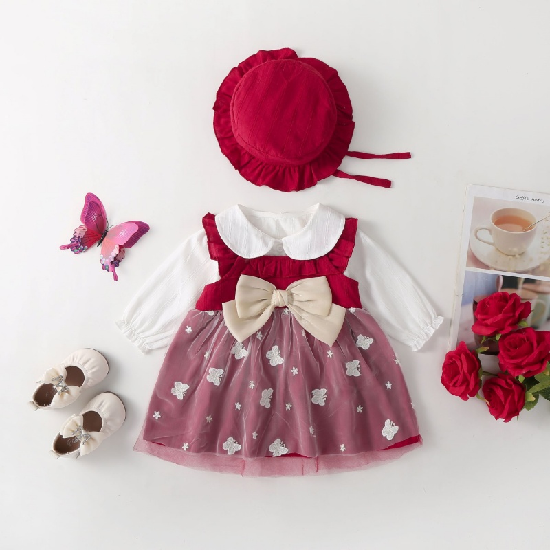 2pcs Baby Girl Long Sleeve Burgundy Bow Wings Dress with Hat