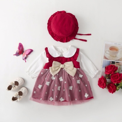 2pcs Baby Girl Long Sleeve Burgundy Bow Wings Dress with Hat