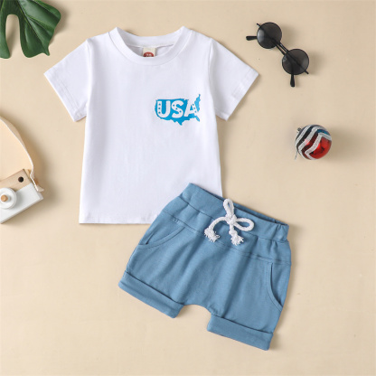 2pcs Baby Boy/Girl Independence Day Reversible Blue Letter Print T-shirt with Pant Set