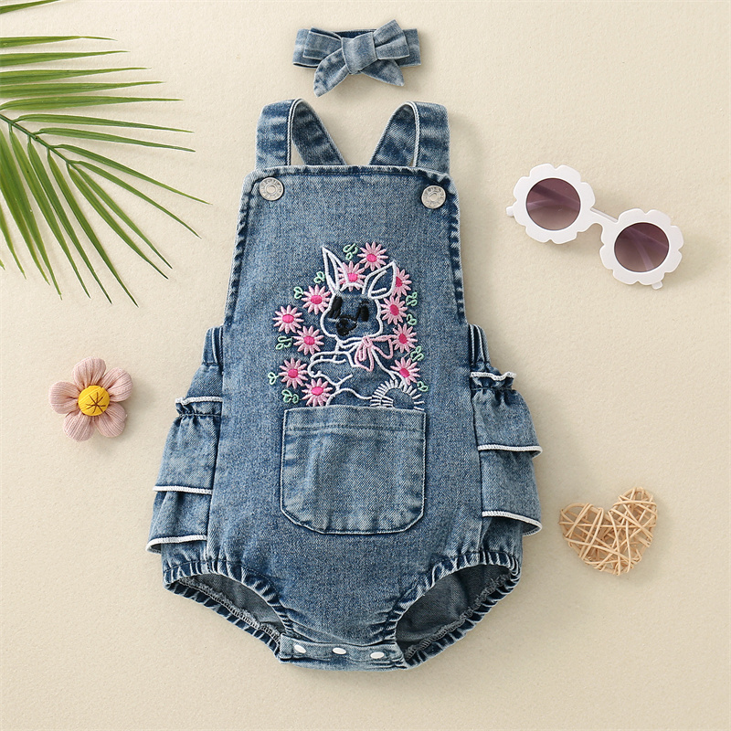 Baby Gir Cute Flower Bunny Denim Bodysuit with Bow Tie