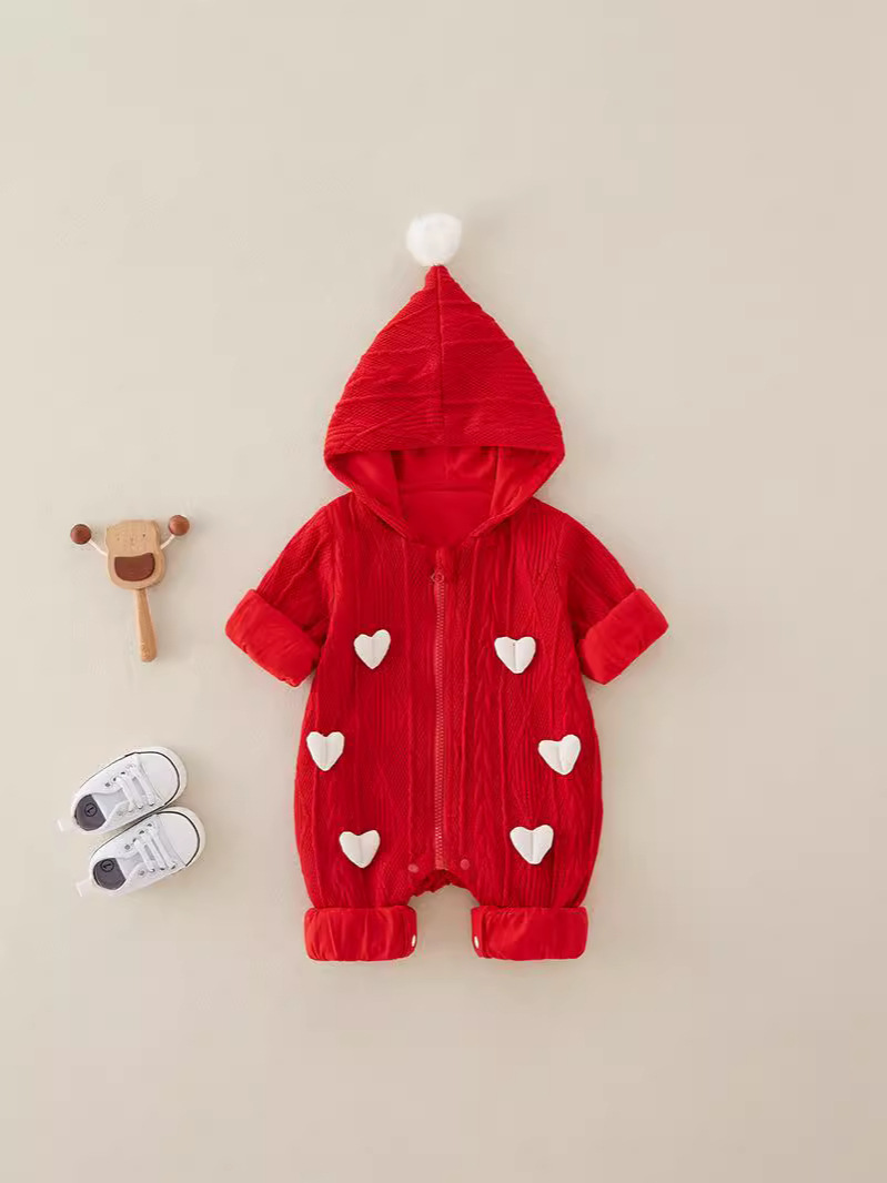 Baby Girl Red Heart Pattern Zip With Hat Romper