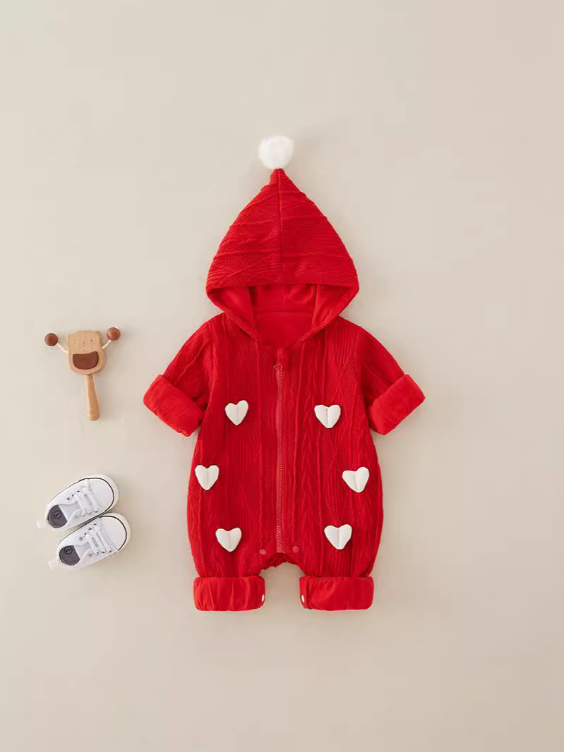 Baby Girl Red Heart Pattern Zip With Hat Romper