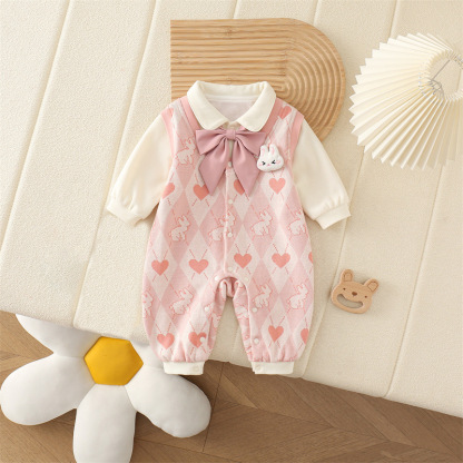 Baby Girl Bunny Heart Pattern with Bow Tie Romper