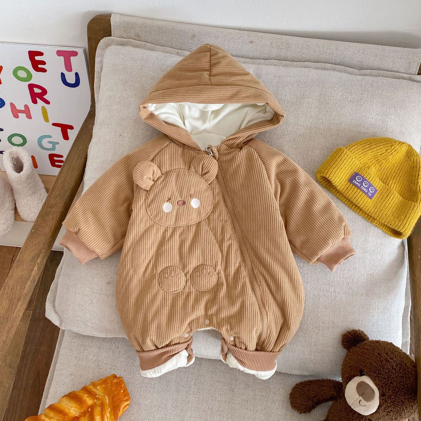 Baby Bear Corduroy Sandwich Cotton With Hat Romper