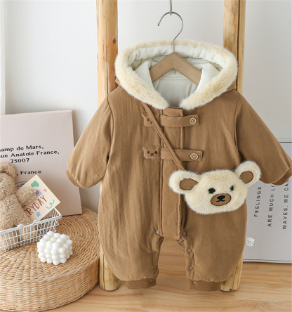 Baby Cartoon Cute Bear Padded Cotton Hooded With Bag Romper