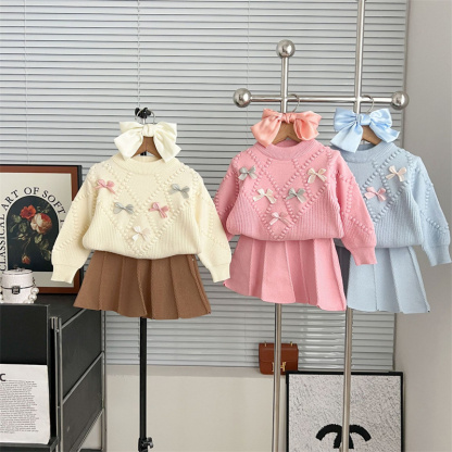 2pcs Baby Girl Bow Knit Sweater Set