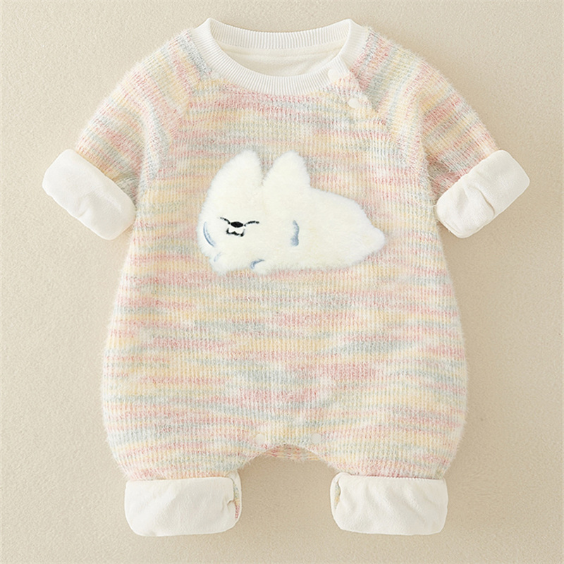 Baby Girl Cute Fluffy Rabbit Padded Fleece Double Layer Long Sleeve Romper