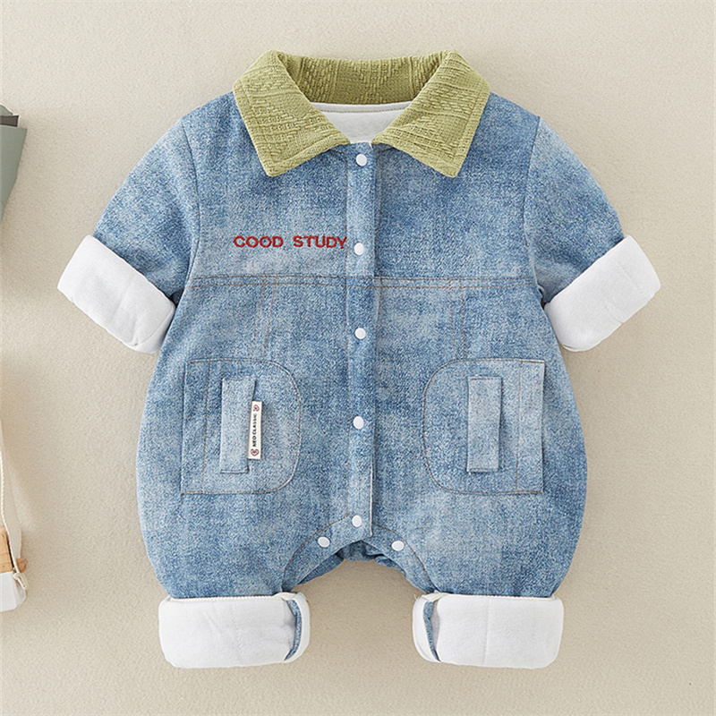 Baby Cute Panda Cotton Thickened Denim Long Sleeve Romper