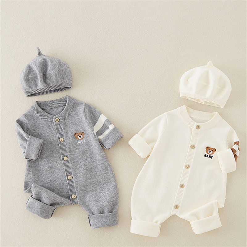 2pcs Baby Cute Cute Bear Knitted With Hat Long Sleeve Romper