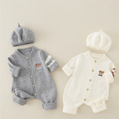 2pcs Baby Cute Cute Bear Knitted With Hat Long Sleeve Romper