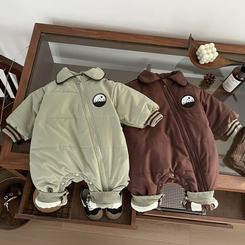 Baby Boy Slant Zip Badge Lapel Thickened Romper