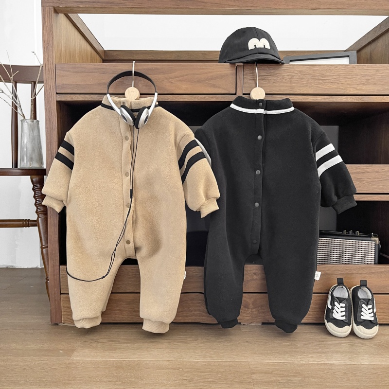Baby Boy Pulled Stripe Plush Half High Neckline Romper