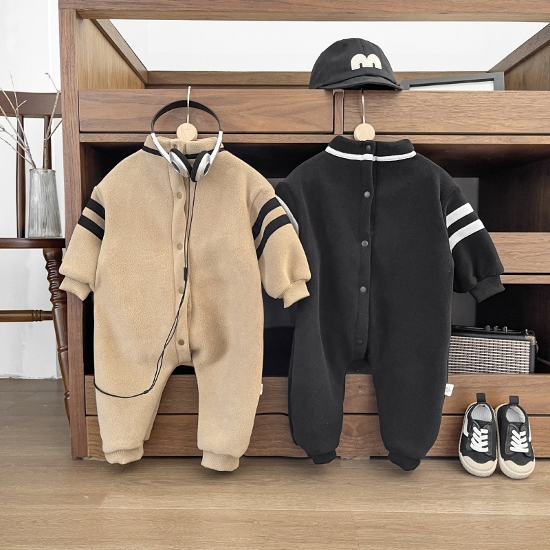 Baby Boy Pulled Stripe Plush Half High Neckline Romper