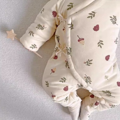 Baby Cute Acorn Leaves Print Thickened Hooded Cotton Coat Romper