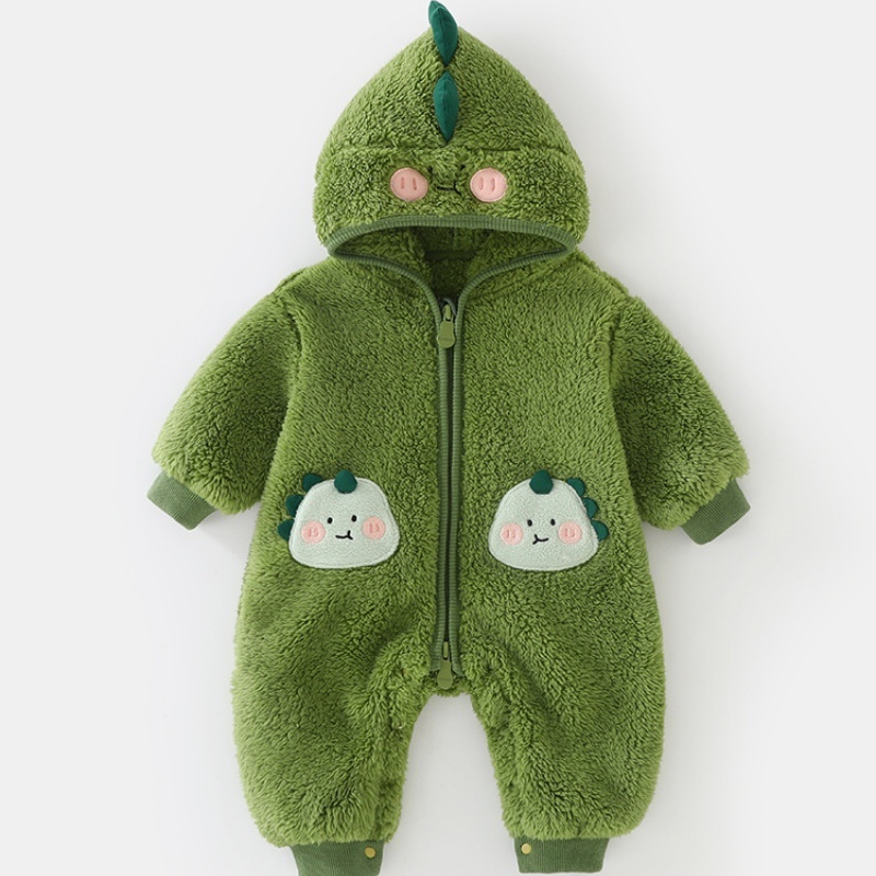 Baby Double Sided Plush Green Baby Dinosaur Long Sleeve Romper