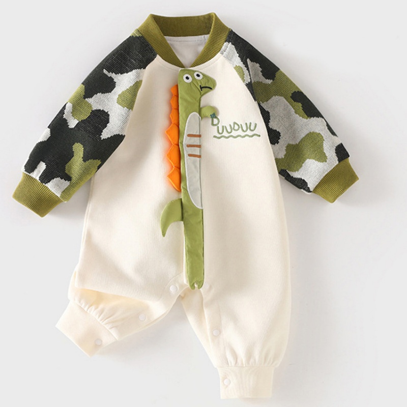 Baby Camouflage Sleeve with Dinosaur Stereo Embroidery Patterns Romper