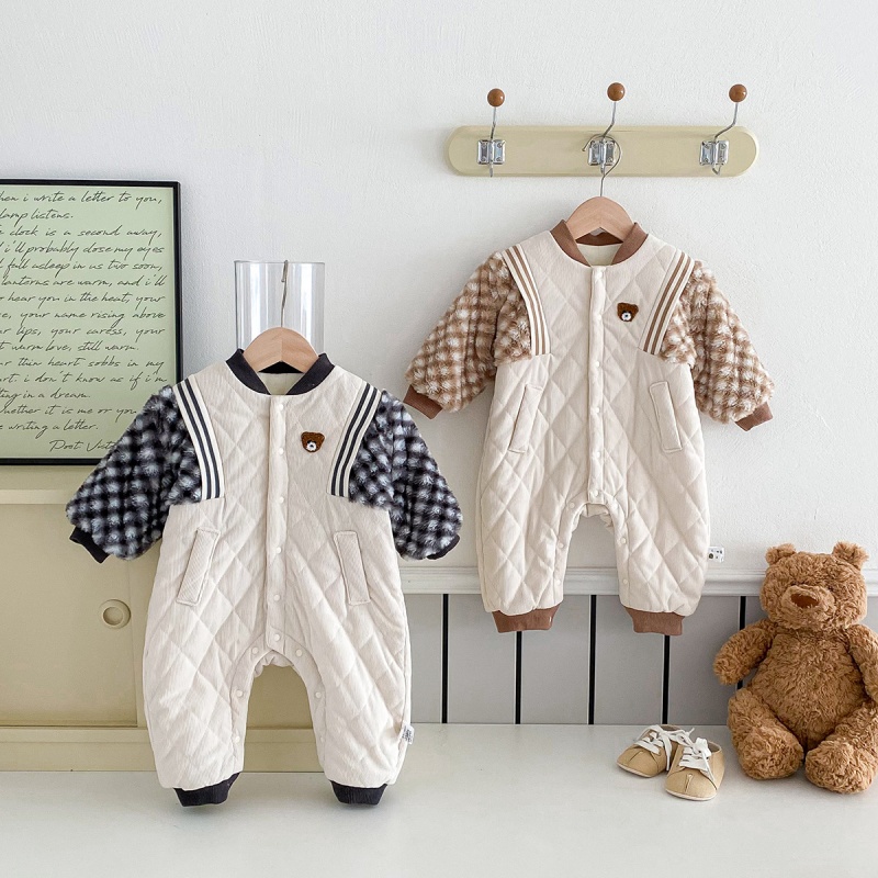 Baby Cartoon Cute Bear Plaid Sleeve Romper