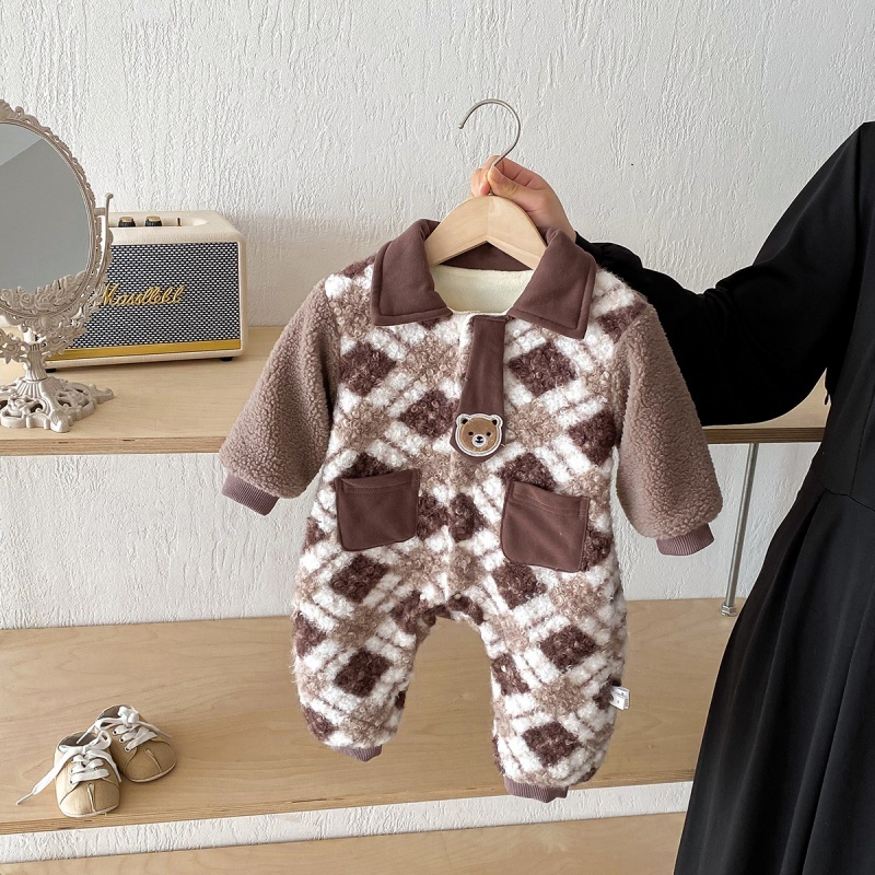 Baby Cartoon Bear Plaid Tie Romper