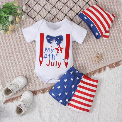 Baby Boys Independence Day Letters Bodysuit + pant + hat three-piece suit