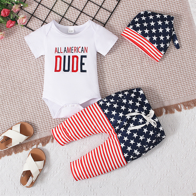 [Copy]Baby Boys Independence Day Letters Bodysuit + long pants + hat three-piece suit