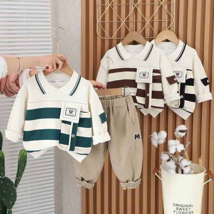 2pcs Baby Boy Cartoon Striped Sweatshirt Long Sleeve Lapel Set