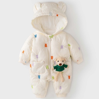Baby Girl/Boy Bear Embroidery Hooded Cotton Thickened Romper