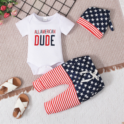 [Copy]Baby Boys Independence Day Letters Bodysuit + long pants + hat three-piece suit