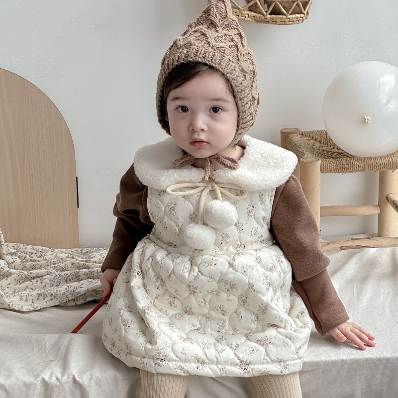 Baby Girl Floral Cotton Tank Dress and Thickened Padded Peplum Bottom Shirt