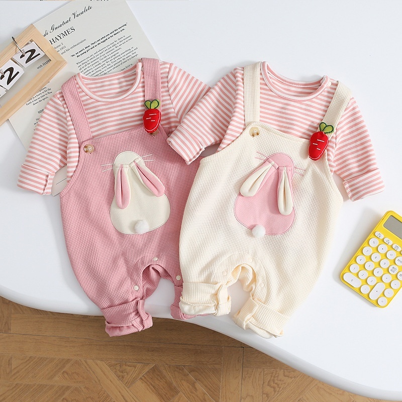 2pcs Baby Girl Cute Bunny Carrot Stripe Long Sleeve Romper Set