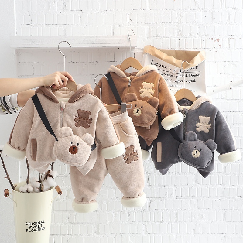 2pcs Baby Boy/Girl Bear Thickened Hooded with Bear Bag Set
