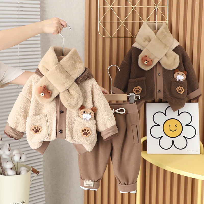 2pcs Baby Boy/Girl Bear Thickened Hooded with Scarf Set
