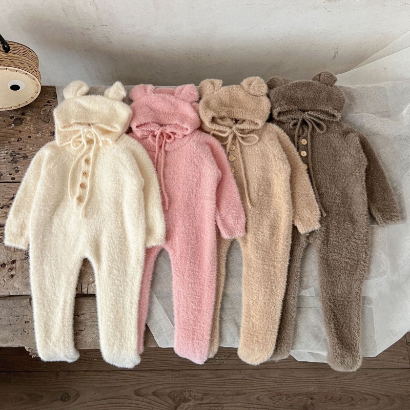 Baby Girl Mink Velvet Cute Bear Foot Wrap with Hat Romper