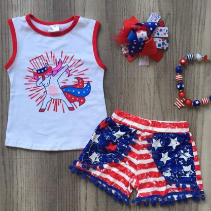 2pcs Baby Girl American Independence Day Unicorn Stripe Sleeveless T-shirt with Pant Set