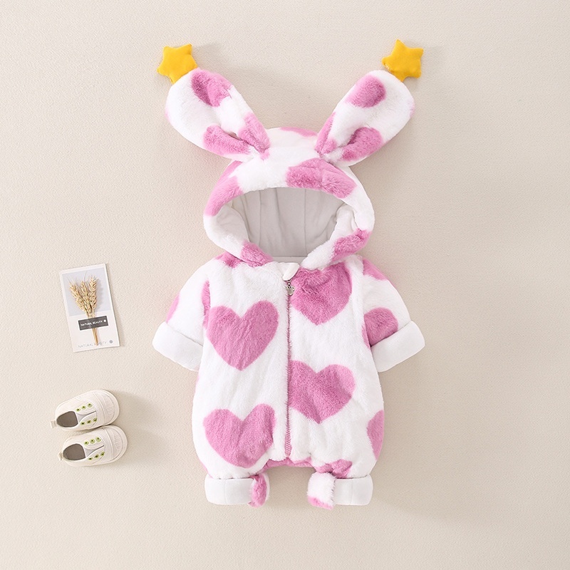 Baby Girl Cute Fluffy Rabbit Padded Fleece Double Layer Long Sleeve Ro