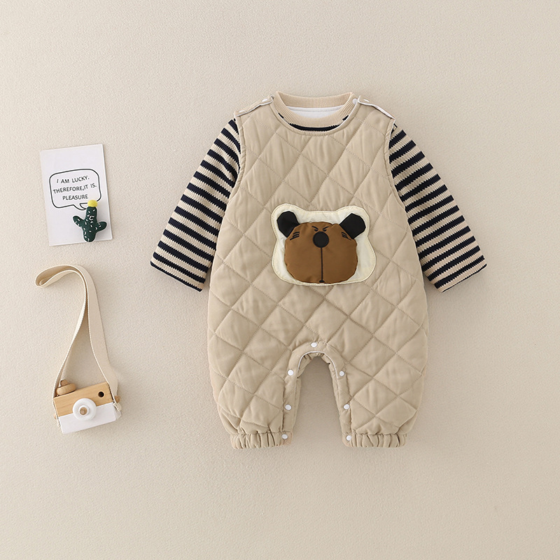 2pcs Baby Boy/Girl Cute Thickened Stripe Cartoon Romper Set