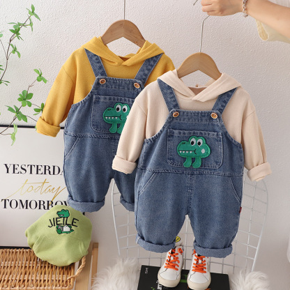 2pcs Baby Boy Hooded Sweatshirt Bib Pants Set