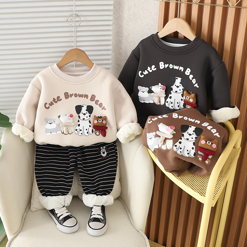 2pcs Baby Boy Cartoon Cute Puppy Padded Sweatshirt Set