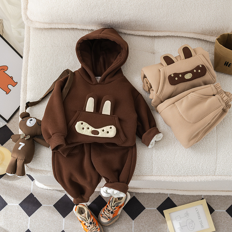 2pcs Baby Boy Padded Hooded Sweatshirt with Knot Bear Dolls Set