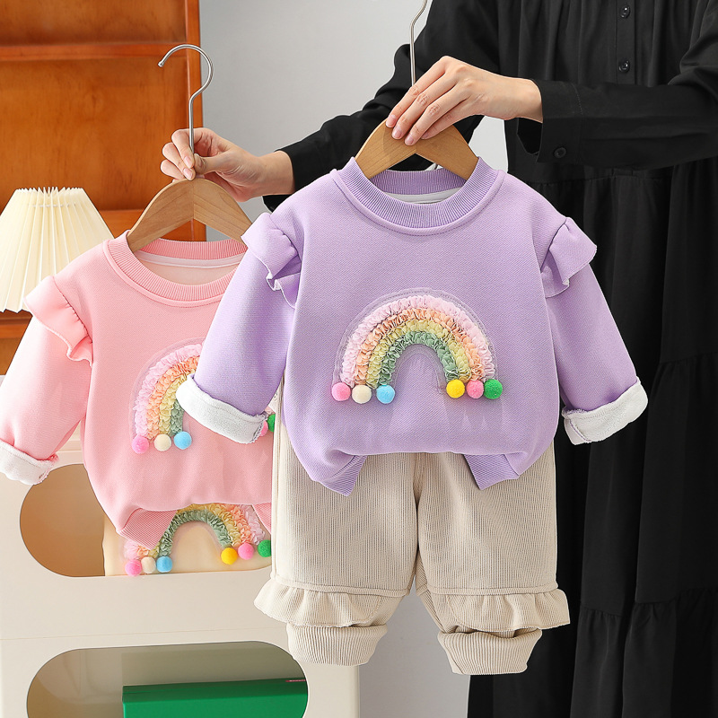 2pcs Baby Girl Thickened Rainbow Patterns Sweatshirt Set