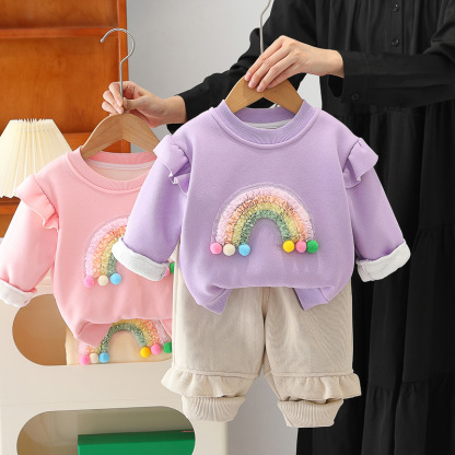 2pcs Baby Girl Thickened Rainbow Patterns Sweatshirt Set