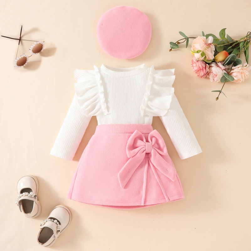 2pcs Baby Girl Pit Stripe Ruffle Long Sleeve Bowknot Padded Half Bodycon Dress With Beret Set