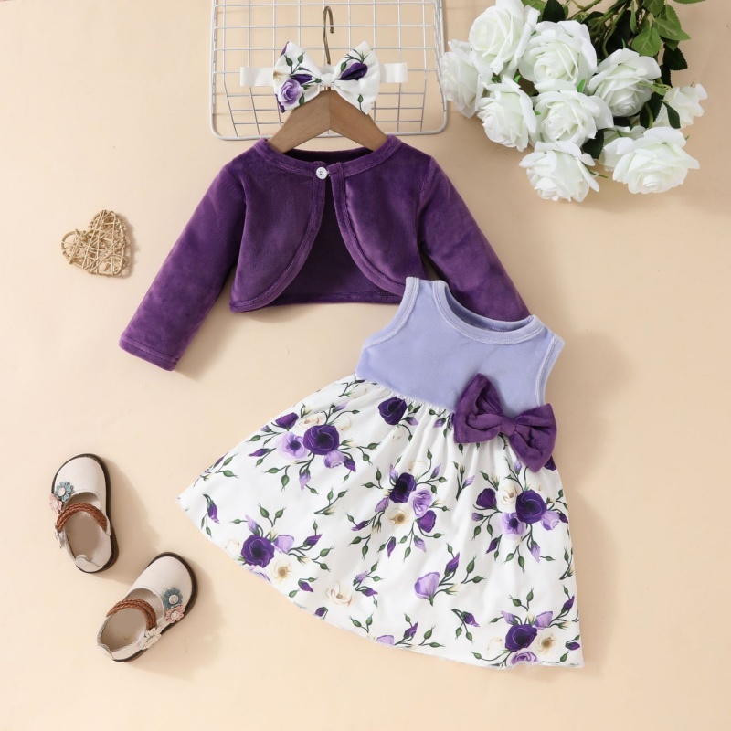 2pcs Baby Girl Plush Jacket Vest Butterfly Dress Set